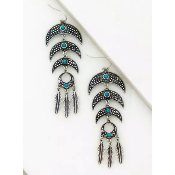 Jewelry - SOLD OUT Triple Crescent Feather Turquoise Stone Earrings